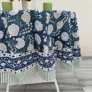 Blue Floral Printed Cotton <b>Tablecloth</b> Round Traditional Indian Style with <b>Green</b> Border Home Decor Washable Napkins Wedding - Product Image 6