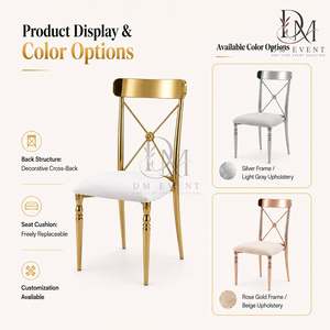 Chaise de mariage moderne en acier inoxydable doré à dossier croisé avec coussin blanc pour réceptions et lieux événementiels – Sièges commerciaux - Product Image 5
