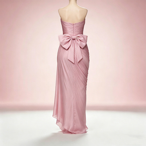 Vestido Formal Romántico Rosa Pálido sin Tirantes con Lazo en la Cintura, Drapeado, Fruncido y Asimétrico, Perfecto para Eventos y Celebraciones Elegantes - Product Image 4