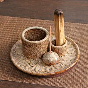 Morandi Color Nordic Style Home Decoration Sage Ornaments Holy Wood Tray Ceramic Candle Holder