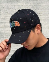 Casquettes de baseball de luxe personnalisées OEM à 5 panneaux, 100 % polyester avec strass et logo brodé 3D, noires, originales, Gorra