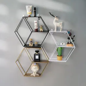 Prateleira hexagonal em metal para parede, 29cm, prateleira flutuante com partição de madeira, prateleira para armazenamento de parede, decoração da sala de estar