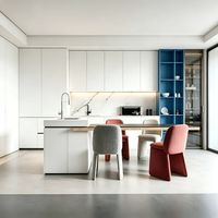 Mueble de Cocina Moderno de Madera Maciza Blanca con Estantes Abiertos Azules, Cajón, Fregadero, Encimeras de Cuarzo, Gabinete de Cocina de Alta Gama en Paquete Plano