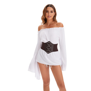 Top Negro de Manga Larga con Hombros Descubiertos y Cinturón para Mujer, Disfraz Renacentista, Camisa Pirata, Atuendo para Actuación en Escenario - Product Image 4