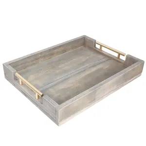 16"x12" Serving Tray Gray Beautiful Rustic Elegant Decorative Tray With Metal Handles Rectangle Ottoman Coffee Table Tray