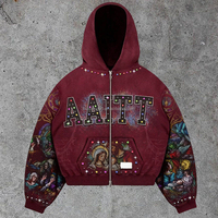 Sudadera con capucha de algodón personalizada con cremallera, estilo boxy, desgastada, de peso pesado, con diamantes de imitación, para hombre, fabricante