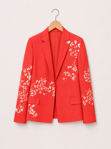 Coral Pink Printed <b>Blazer</b> with Floral Abstract Pattern Long Sleeve Tailored Jacket Premium Structured Fabric Elegant <b>Blazer</b> - Product Image 2