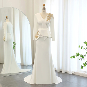 green emerald velvet dress Elegant White Deep V-Neck Gold Detailed Dress with Long Sleeve S / White main image 1
