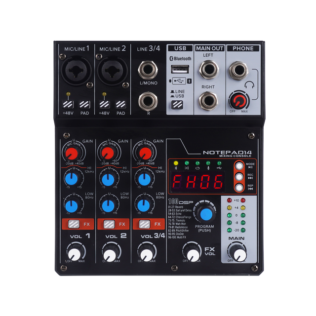 Small 4-Channel Professional Audio Mixer 100DSP Digital Effects Dj Controller/audio Console Mixer for Karaoke Recording Studio