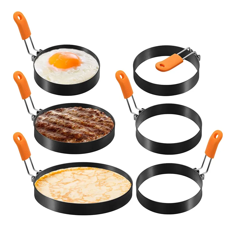 Anillos de acero inoxidable para huevos fritos, forma de plancha con mango de silicona naranja para desayuno, tortilla de tortitas, diferentes tamaños