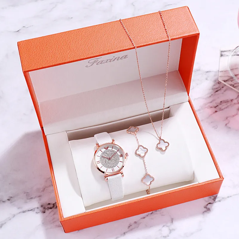 FAXINA ZY010-1 New Trend Korean Gypsophila Watch Valentine's Day Gift Set Women's Watch Belt Quartz Full Diamond Tide Watch 2021