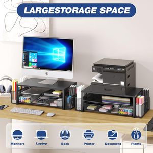 2段メタルオフィスデスクオーガナイザー、2つのペンホルダー、コンピューターモニタースタンド、デスクトップ引き出しアクセサリー、オーガナイザー用ブラックシェルフ - Product Image 4