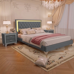 In Stock 3-Pieces Bedroom Sets <b>Queen</b> <b>Size</b> Gray Upholstered Platform <b>Bed</b> with LED Lights and Two Nightstands - Product Image 2