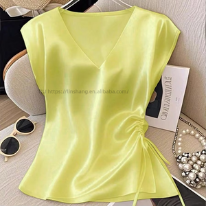 Women's <b>Satin</b> V-Neck Drawstring Ruched <b>Blouse</b> - Cap Sleeve Asymmetrical Hem Top Shirt Fashion - Product Image 4