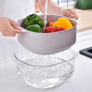 2 In 1 Double Layer Household Cleaning Vegetable Fruit Washing Kitchen Vegetable Rotating Sink Drain Basket