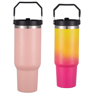 Portable 30oz 304 Stainless Steel Car Cup <b>with</b> Double Drinking Lid Insulated Outdoor Travel Cup <b>with</b> Handle and <b>Straw</b> - Product Image 1