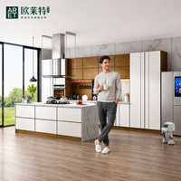Îlot de cuisine ARET de luxe en bois blanc mat avec dessus en pierre et éclairage LED OEM