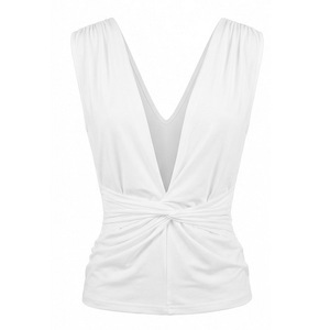 Viviblook J26TP038 Vêtements d'été pour femmes Nouveau pull à col en V couleur unie plissé torsadé débardeur - Product Image 4