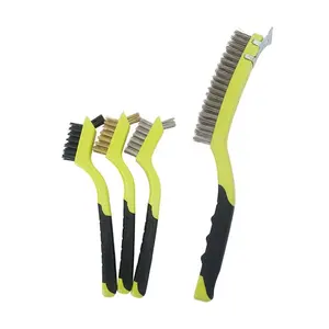 Multi-purpose 4 PCS Plastic Handle Wire Brush Set including mini stainless steel brass nylon wire brushes and wire scratch brush