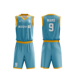 Ensemble de maillots de basket-ball sublimés personnalisés bleu clair jaune col en V sans manches anti-transpiration unisexe adulte vêtements de sport - Product Image 1