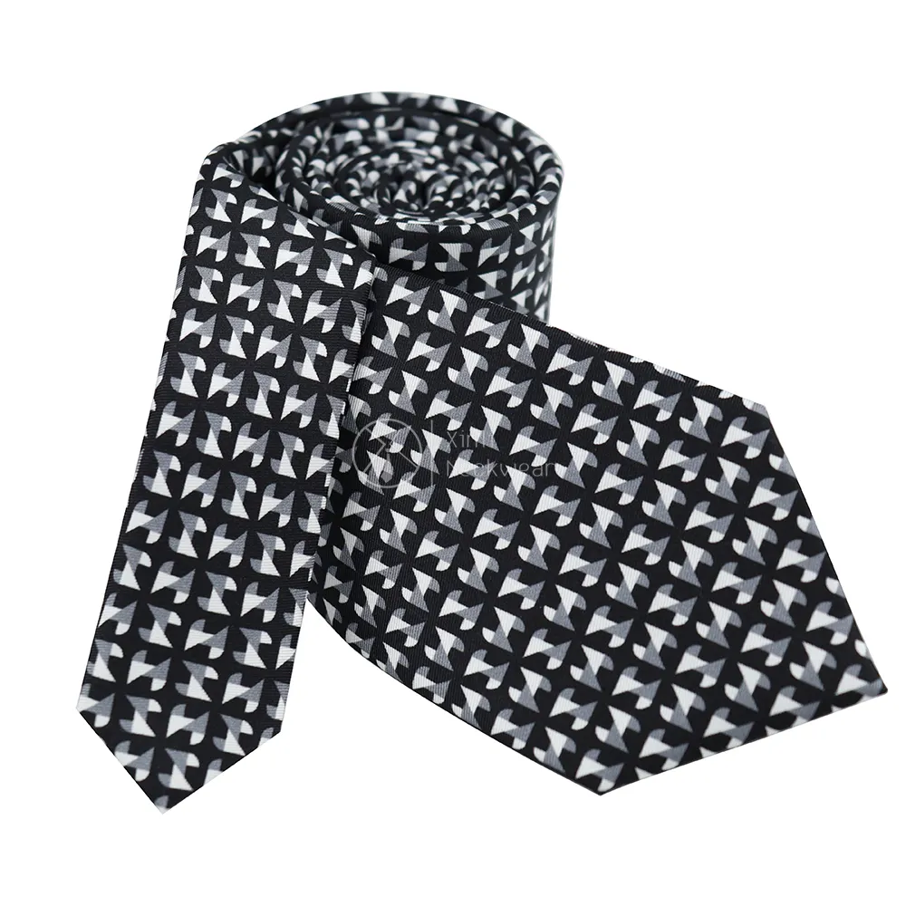 100% Handmade Black White Geometric Pattern Tie Formal Logo Tipping Custom Print Silk Necktie For Men