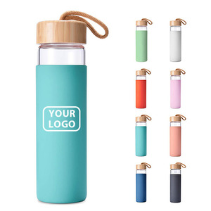 Custom Logo 12oz 17oz High Borosilicate <strong>Glass</strong> Water Bottle with Bamboo Lid Silicone Sleeve <strong>Glass</strong> <strong>Tumbler</strong> with Rope Handle - Product Image 1