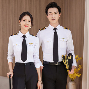 Airline Uniform White Shirt With Epaulettes For Women And Men Workwear Pilot Style Slim Fit Polyester Fiber - Product Image 1