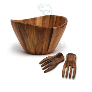 Bol à salade en bois avec ustensiles de service, grand bol décoratif en bois d'acacia à bord festonné, ensemble de bols à mélanger avec cuillères - Product Image 2