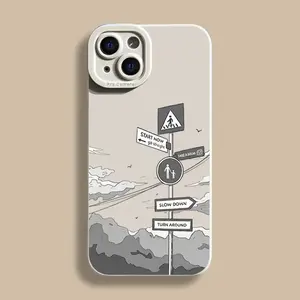 Funda para iPhone 14, pintura al óleo simple, señal de carretera, fundas de silicona 15 13 12 11 Pro <span class=keywords><strong>Max</strong></span> X XR XS 78 15 Plus SE2, funda blanda a prueba de golpes 16 - Product Image 1