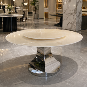 Table à manger personnalisée, plateau rond, style moderne, villa, 8 places, pieds en métal, meubles en pierre, luxe, marbre blanc jade royal - Product Image 2