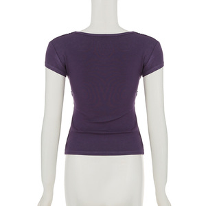 Nouvel Arrivage – T-<span class=keywords><strong>shirt</strong></span> d'été <span class=keywords><strong>violet</strong></span> moulant pour <span class=keywords><strong>femme</strong></span>, col carré, froncé, manches courtes, coupe ajustée - Product Image 5