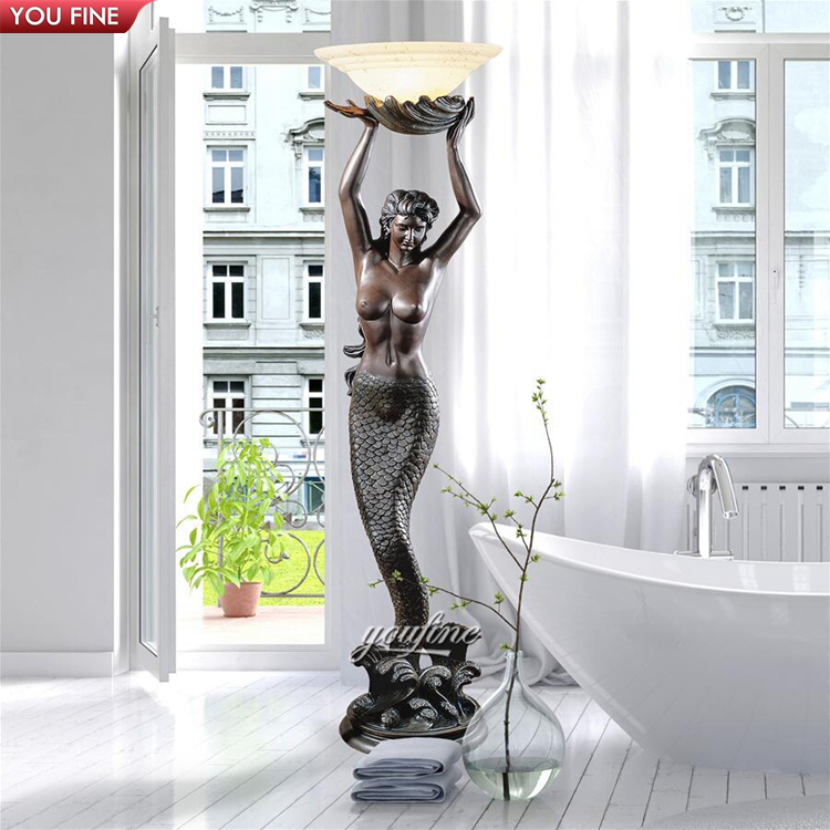 Life Size Outdoor Custom Size Antique Mermaid Bronze Lamp Statue Sculpture