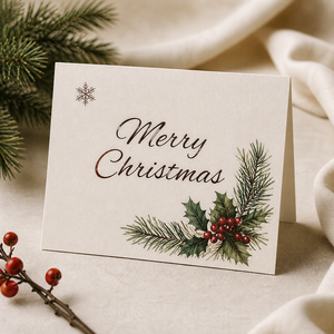 Carte de vœux de Noël personnalisée en papier fantaisie avec motif <span class=keywords><strong>aquarelle</strong></span> houx, pin et baies – Message festif pour les célébrations saisonnières - Product Image 1