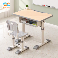 Ensemble bureau et chaise d'écolier en métal réglable en hauteur à manivelle, finition grain de bois, certifié usine, pour salle de classe, OEM ODM