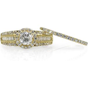 14k Yellow Gold Diamond Halo Bridal <b>Ring</b> Set Round Brilliant Baguette Cut Women's Engagement Wedding Jewelry - Product Image 1