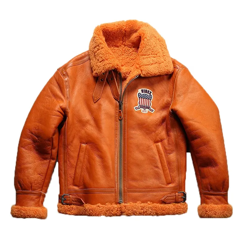 OEM custom wholesale Winter European US plus size high quality shearling Genuine leather Unisex fur orange red sheepskin jackets