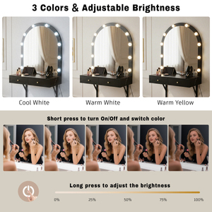 Modern Floating Floor Mount Solid Wood Makeup <b>Vanity</b> Desk LED Mirror 3 Color Lights Power Outlet USB Charging 2 Drawers Storage - Product Image 6