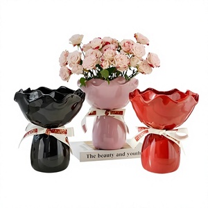 Ceramic Rose Shaped <b>Vase</b> Glazed Modern Desk Decor for Home Flower Arrangement Pink <b>Red</b> Black Colors - Product Image 1