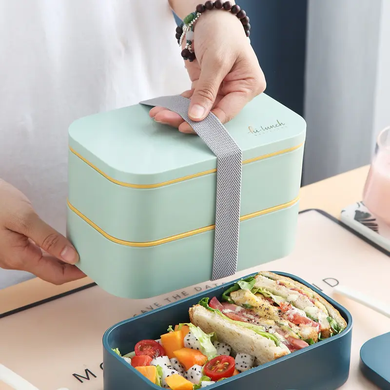 MAIMAI Morandi nuevo color doble capa 1600ml plástico Bento caja de almacenamiento para microondas contenedor de alimentos