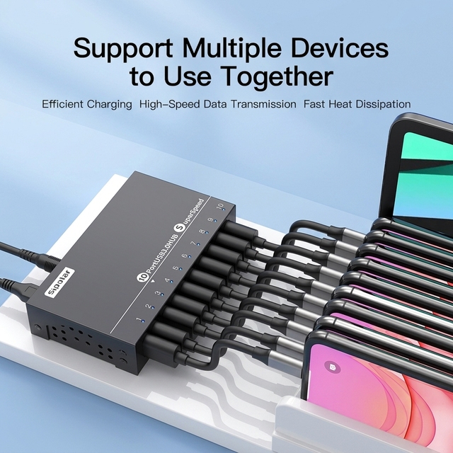 Sipolar A-103 10 Port USB 3.0 Hub 5Gbps USB Hub Expander Powered Adapter for Hard Drives High Speed Data Transfer Desktop