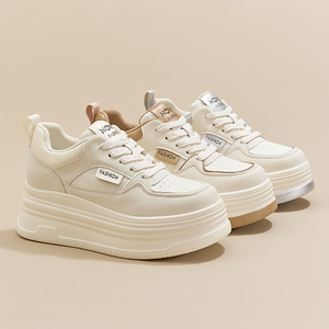 Zapatos de Mujer con Plataforma de 8cm, de Piel Genuina, Punta Redonda, Versátiles, con Suela Gruesa, Blancos, Elegantes y Casuales - Product Image 6