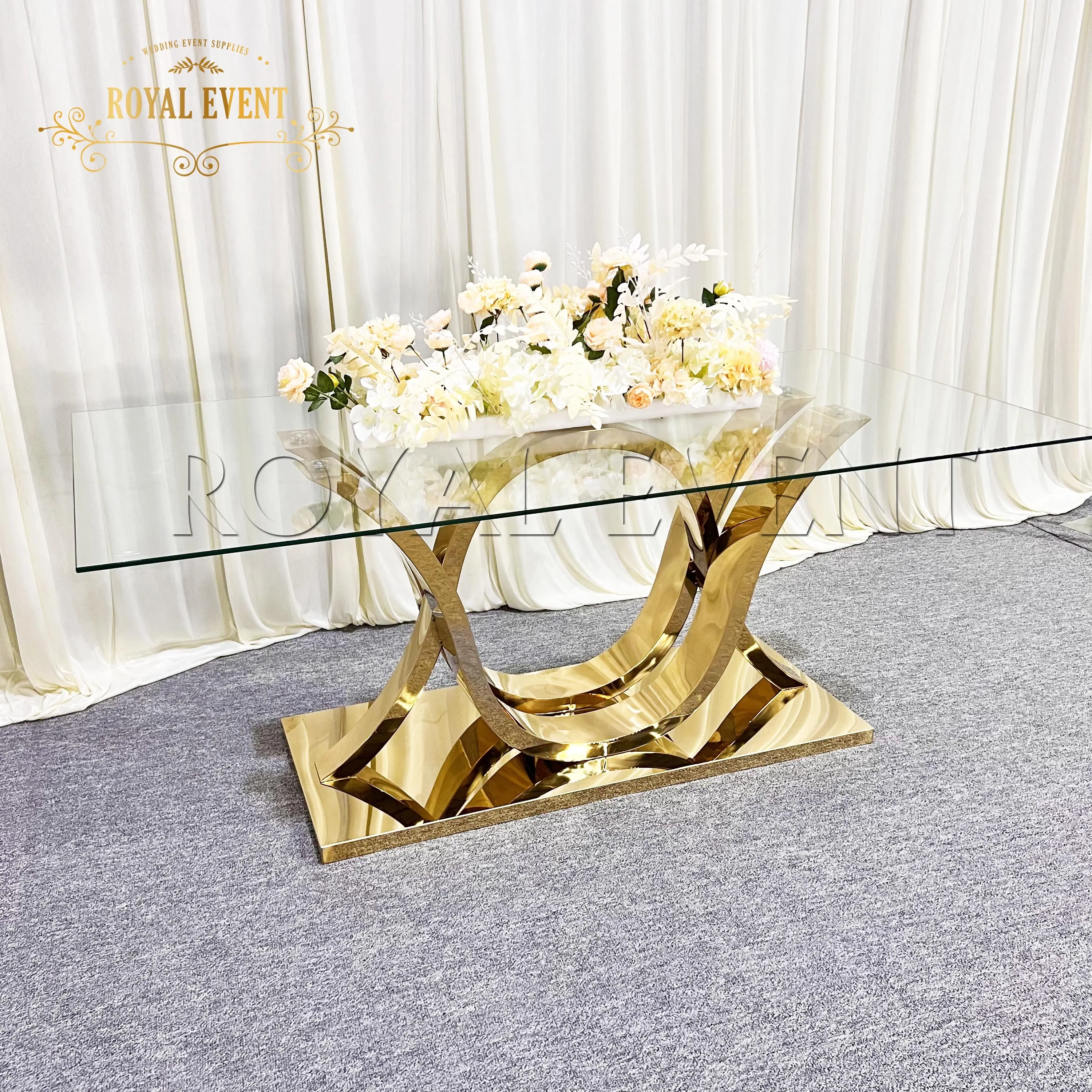 Mesa de comedor moderna de acero inoxidable de cristal transparente de estilo europeo de lujo para eventos de boda
