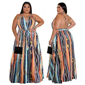 Plus Size Bohemian Maxi Jurken Losse Mouwloze Spaghetti Band Maxi Jurk Halter Keten Print Sexy Party Vrouwen Maxi Jurken