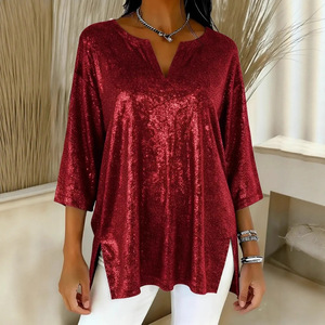 Camiseta Brillante con Cuello en V para Mujer, Camiseta Metálica Brillante para Fiesta, Lista para Enviar - Product Image 1