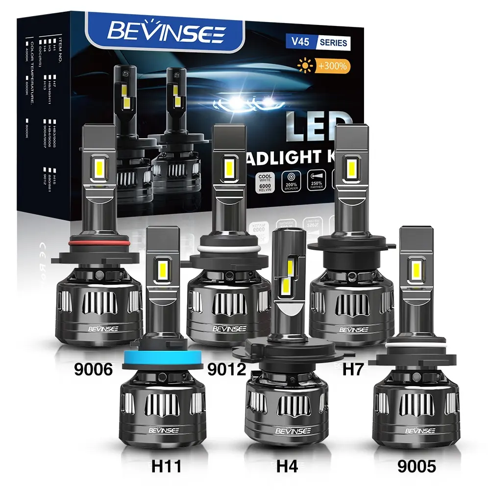 Bevinsee 2xV45スーパーブライトホワイト120Wハイロービームキット22000LM6500K自動H4LED電球90059006 9012 H11 H7 H1LEDヘッドライト