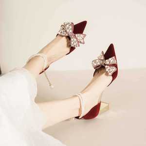 7500H-017 Heeled <b>Sandals</b> Pointed Toe Thick Heel <b>Bow</b> Decoration Comfortable Wedding Shoes For Women - Product Image 2