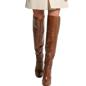 Bottes de chevalier en cuir marron pour femmes et hommes, bottes longues épaisses à bout rond, confortables et tendance, au-dessus du genou - Product Image 3