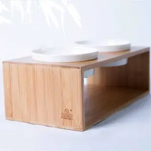Desain Super manufaktur Co Ltd mangkuk hewan peliharaan bambu berdiri mangkuk anjing keramik nampan kayu