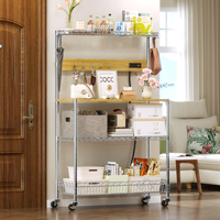 Support de boulangerie moderne avec prise de courant et rangement Support pour micro-ondes Chariot de cuisine Étagères en métal à 4 niveaux avec roulettes