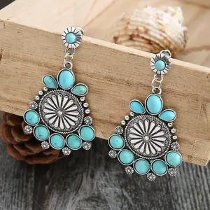 2024 Bohemian Turquoise Silver Drop Earring Tribe Celtic Western Women Jewelry Earring Turquoise Beads Flower Dangle Earring